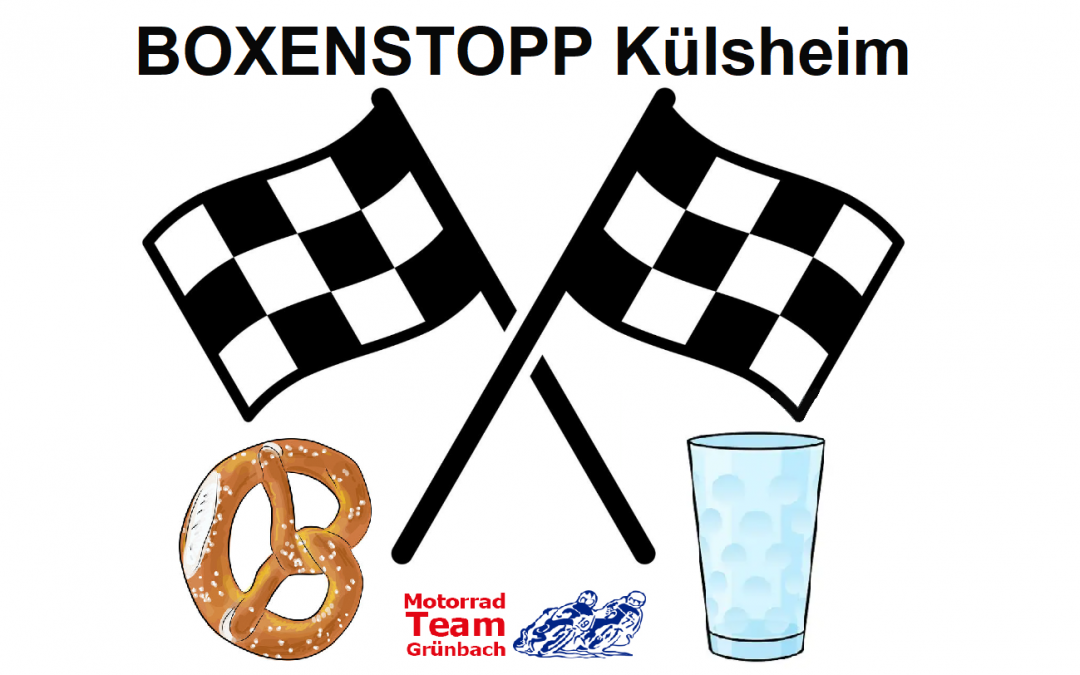 Two crossed black-and-white racing flags with the text BOXENSTOPP Külsheim above; a pretzel on the left and a beer glass on the right below, with small logos at the bottom.