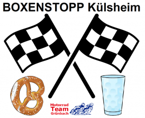 Poster for Boxenstop Külsheim with two crossed checkered flags, a pretzel, a glass of water, and sponsor logos nearby.
