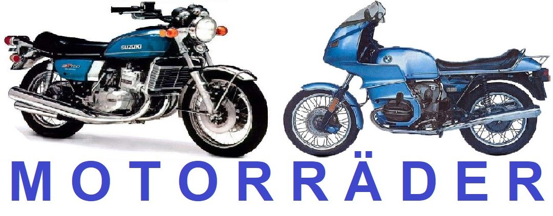 Two vintage blue motorcycles side by side (Suzuki on the left, BMW on the right) with bold blue 'MOTORRÄDER' text underneath.