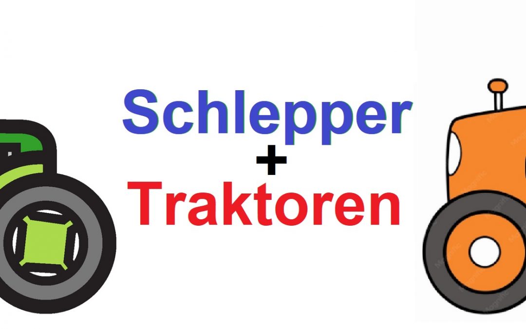 Green tractor on left and orange tractor on right with the text 'Schlepper + Traktoren' in between, cartoon style illustration.